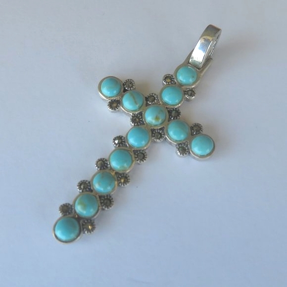 Large Sterling Silver Turquoise Marcasite Pendant - Picture 4 of 13